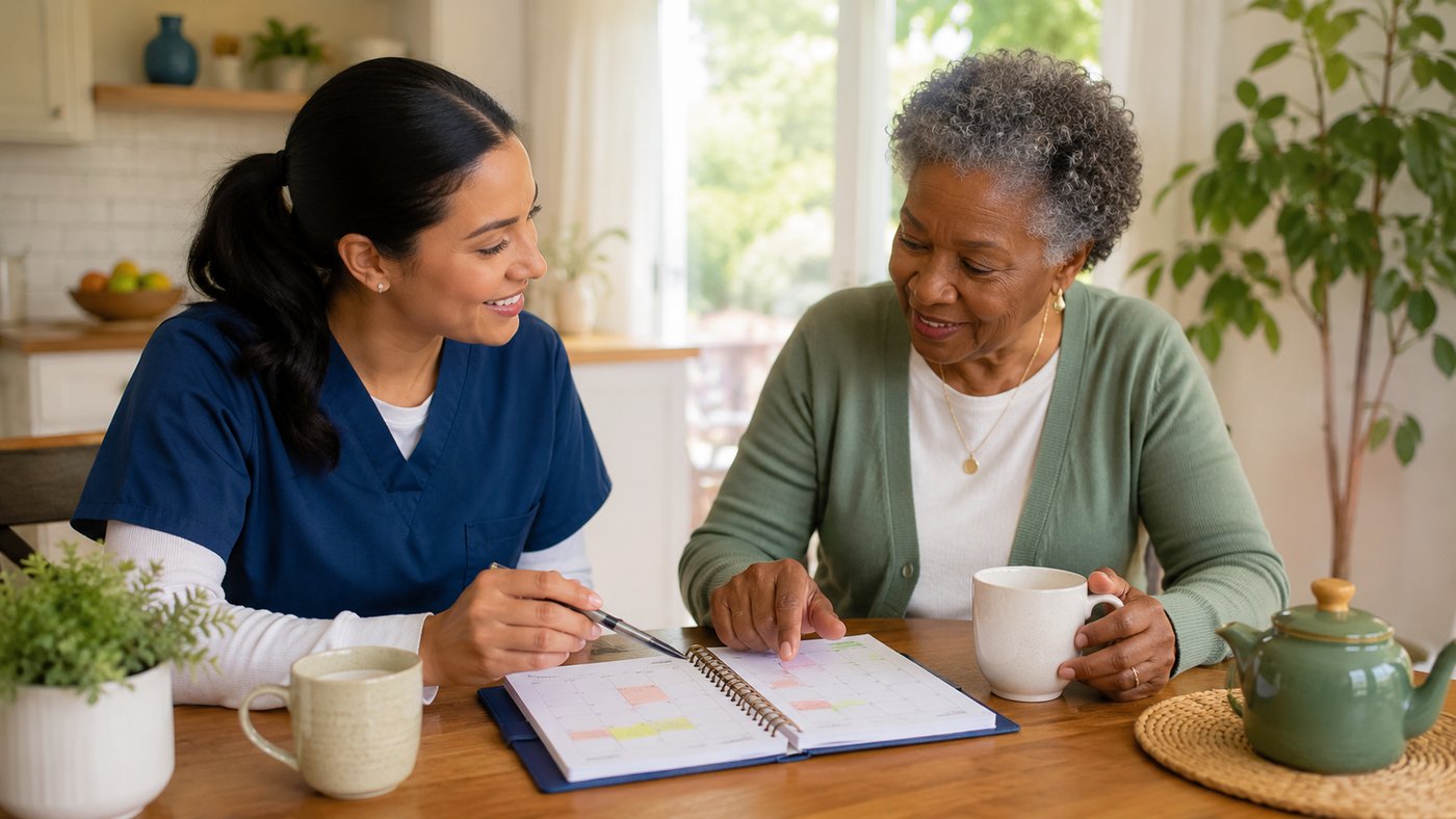 A Haven of Peace caregiver reviewing a care plan with an older woman at her kitchen table.