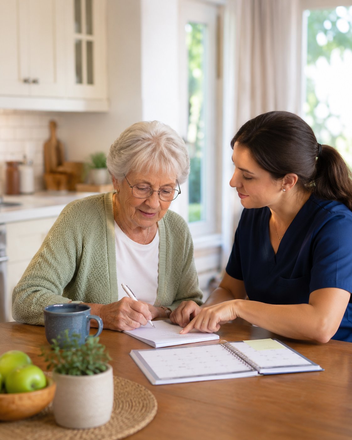 A caregiver and an older woman reviewing notes together at home.