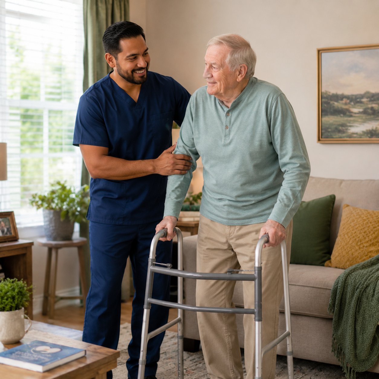 A caregiver supporting an older man as he moves safely with a walker.