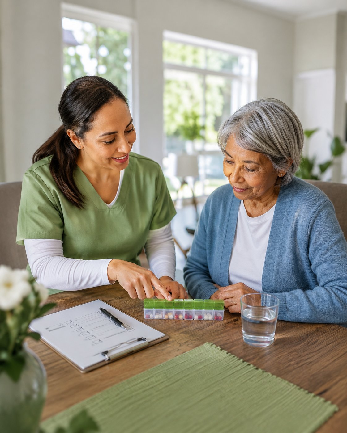 A caregiver and an older woman talking warmly at the kitchen table.