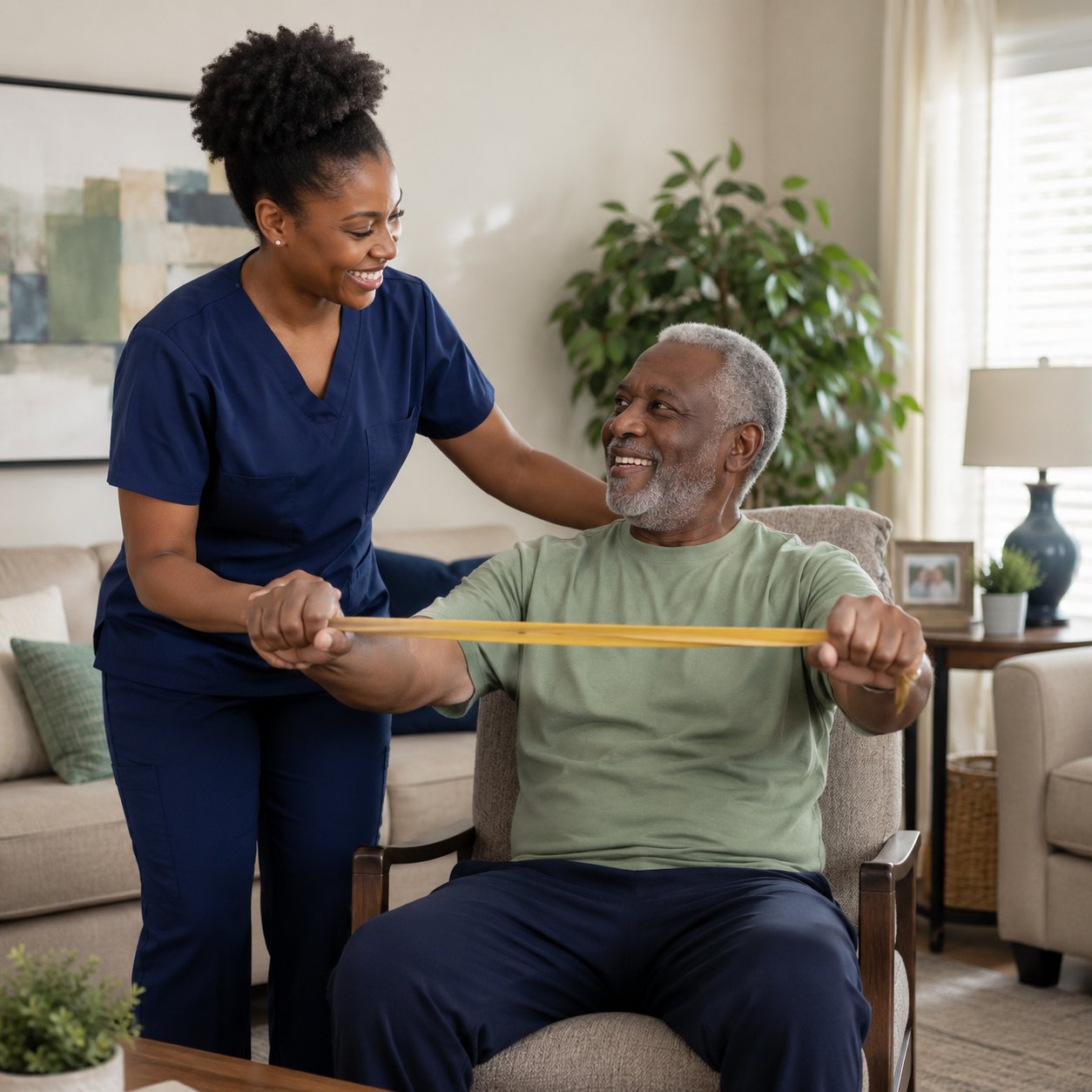 A Haven of Peace caregiver smiling with an older client at home.