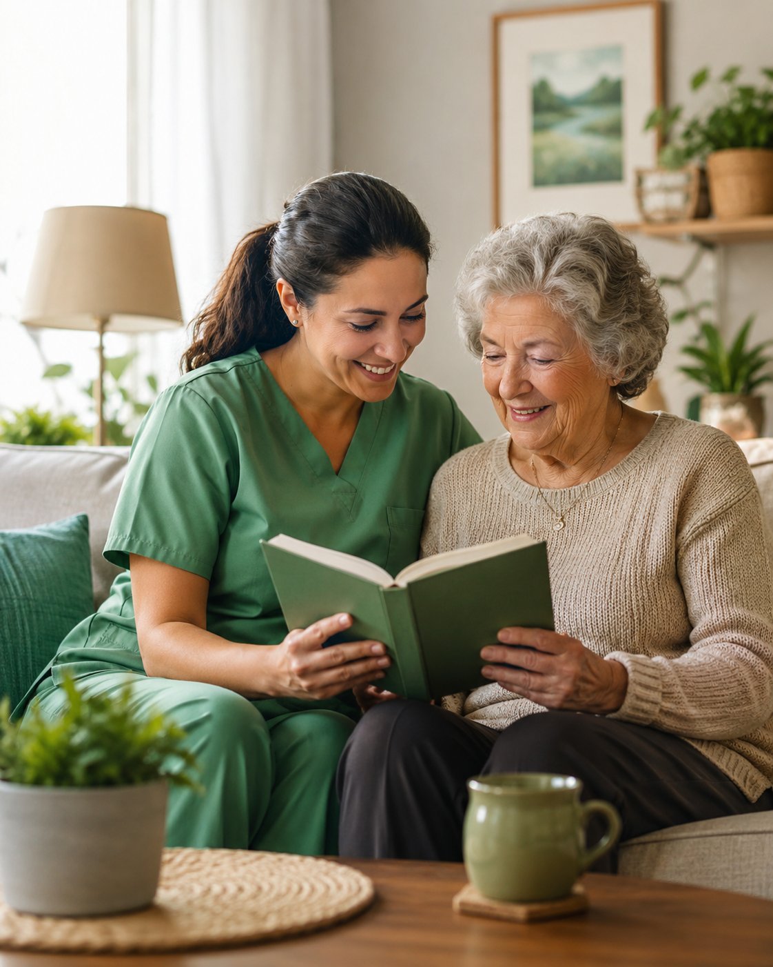 A caregiver and an older woman reading together on the sofa.