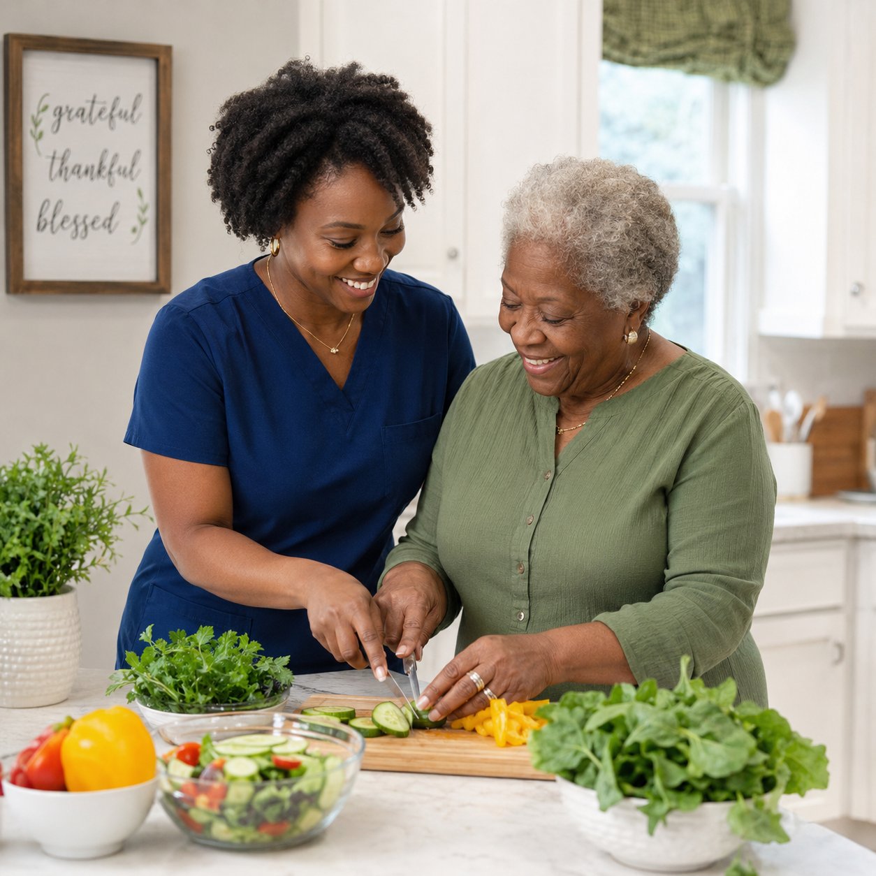 A Haven of Peace caregiver and an older woman preparing a fresh salad together in her kitchen.