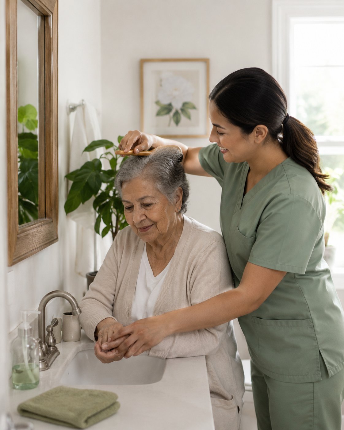 A caregiver helping an older woman with grooming at home.