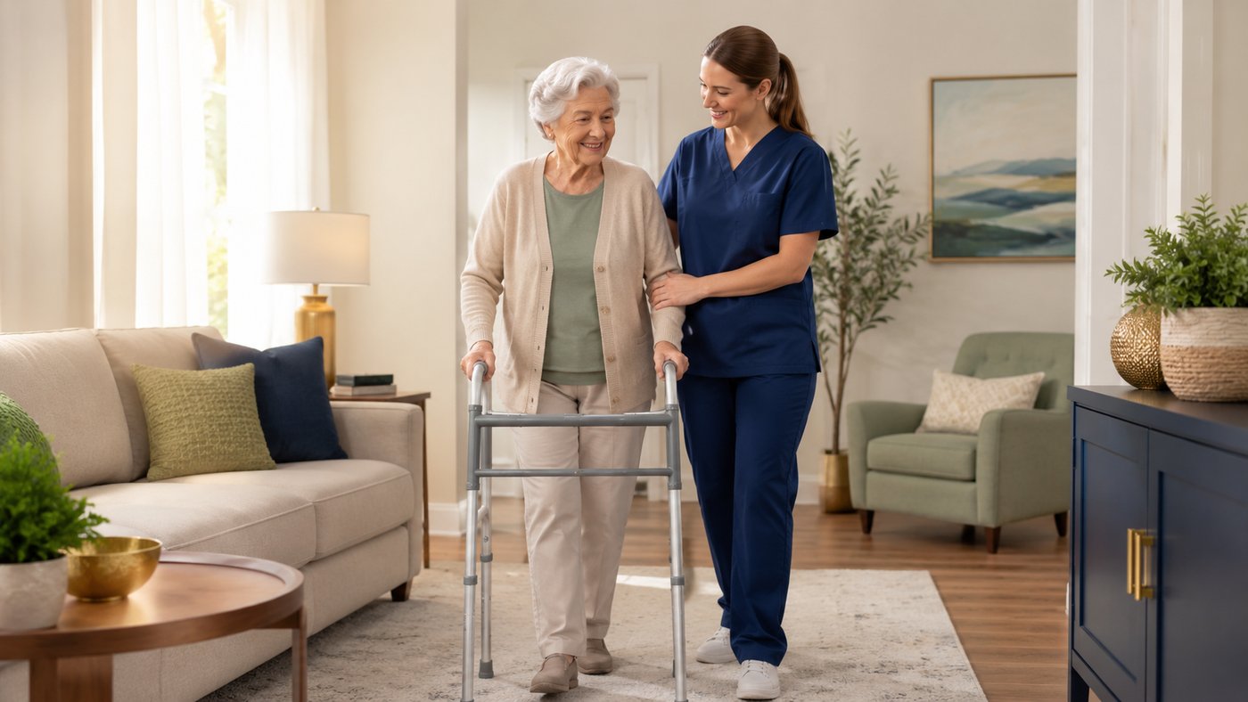 A caregiver walking alongside an older adult in a bright living room.